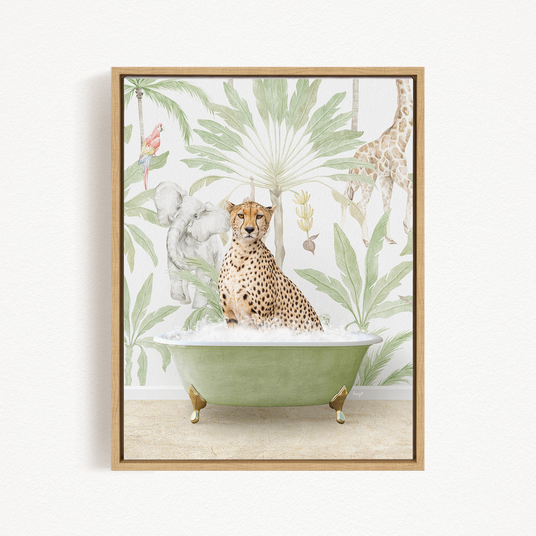A cheetah sitting in a green bathtub, surrounded by a tropical jungle wallpaper with various animals and plants.