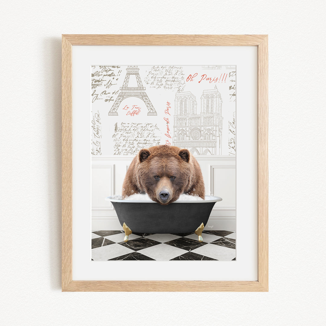 A brown bear is sitting in a bathtub filled with water, surrounded by various architectural drawings and text.