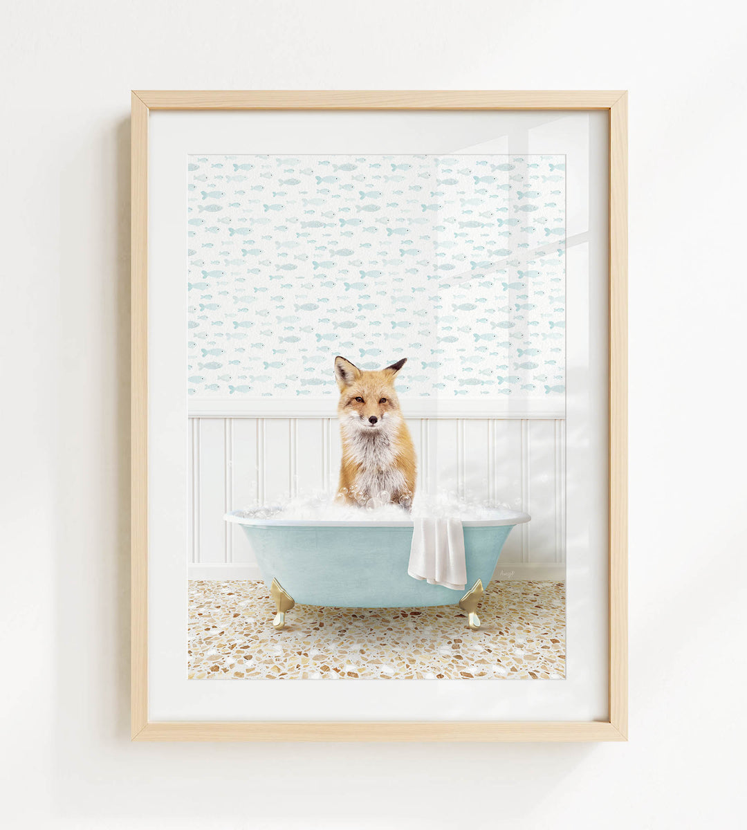 A fox is sitting in a blue bathtub filled with bubbles, surrounded by a patterned wall and a white tiled floor.
