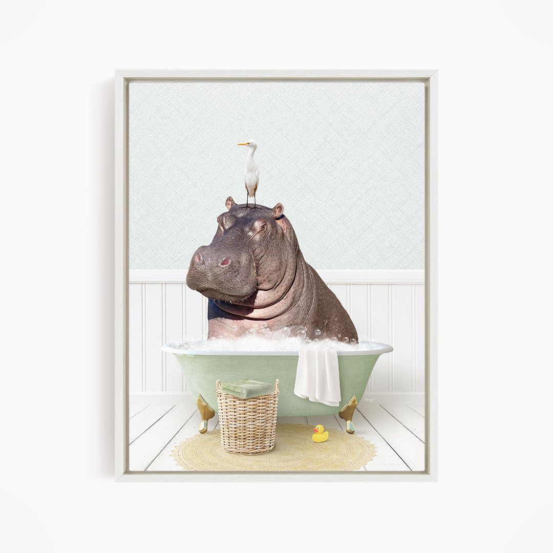 A hippopotamus sitting in a bathtub, with a bird perched on its head, and a basket of rubber ducks nearby.