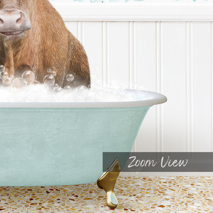 A brown cow is sitting in a light blue bathtub filled with bubbles, with a gold faucet and a text overlay indicating a "Zoom View" perspective.