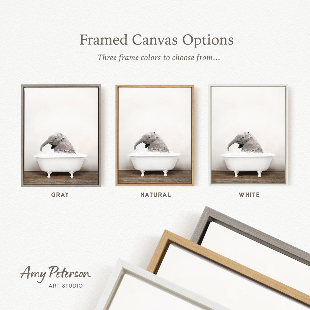 three framed canvas options, each featuring a gray elephant in a white bathtub. The options include a gray frame, a natural frame, and a white frame.