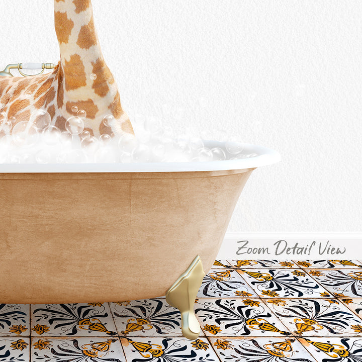 A giraffe standing in a bathtub filled with bubbles, with a patterned tile floor visible in the background.
