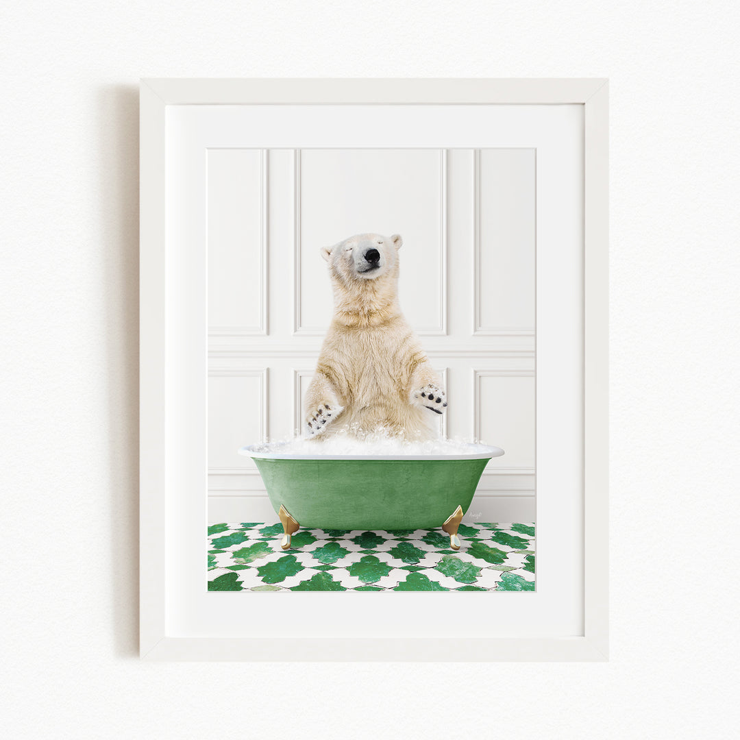 A polar bear standing in a green bathtub filled with water, with a green and white patterned rug on the floor.