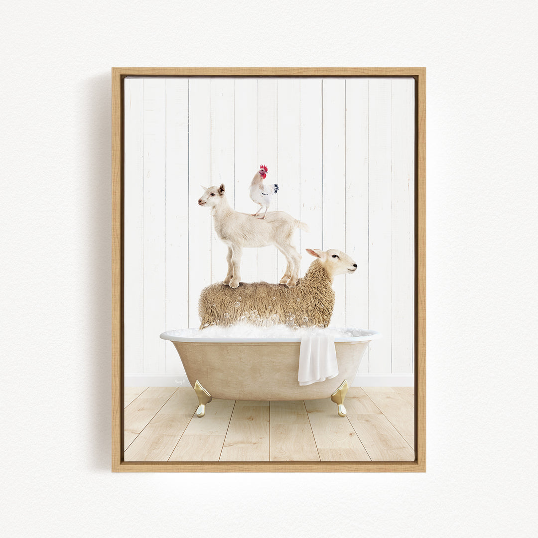A framed image depicting a sheep standing on a tub filled with water, with a chicken perched on top of the sheep.