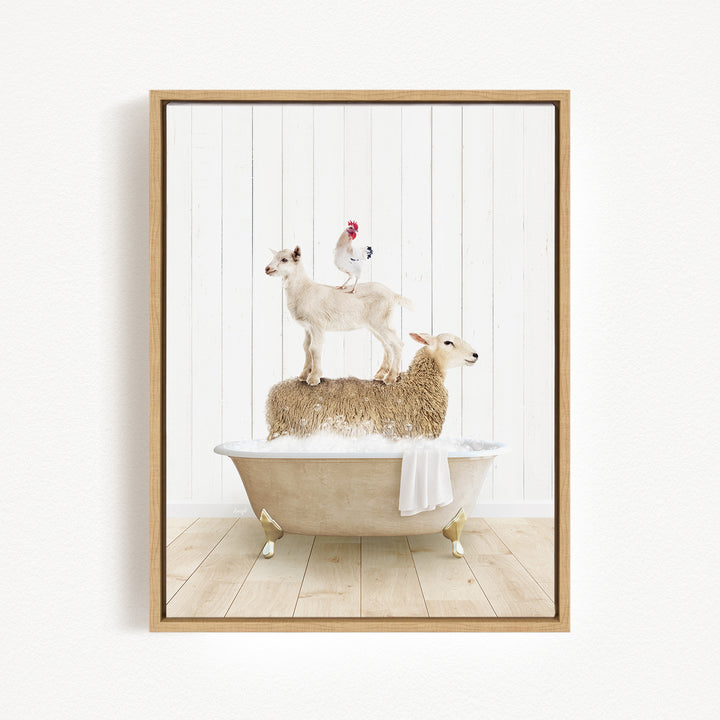 A framed image depicting a sheep standing on a tub filled with water, with a chicken perched on top of the sheep.