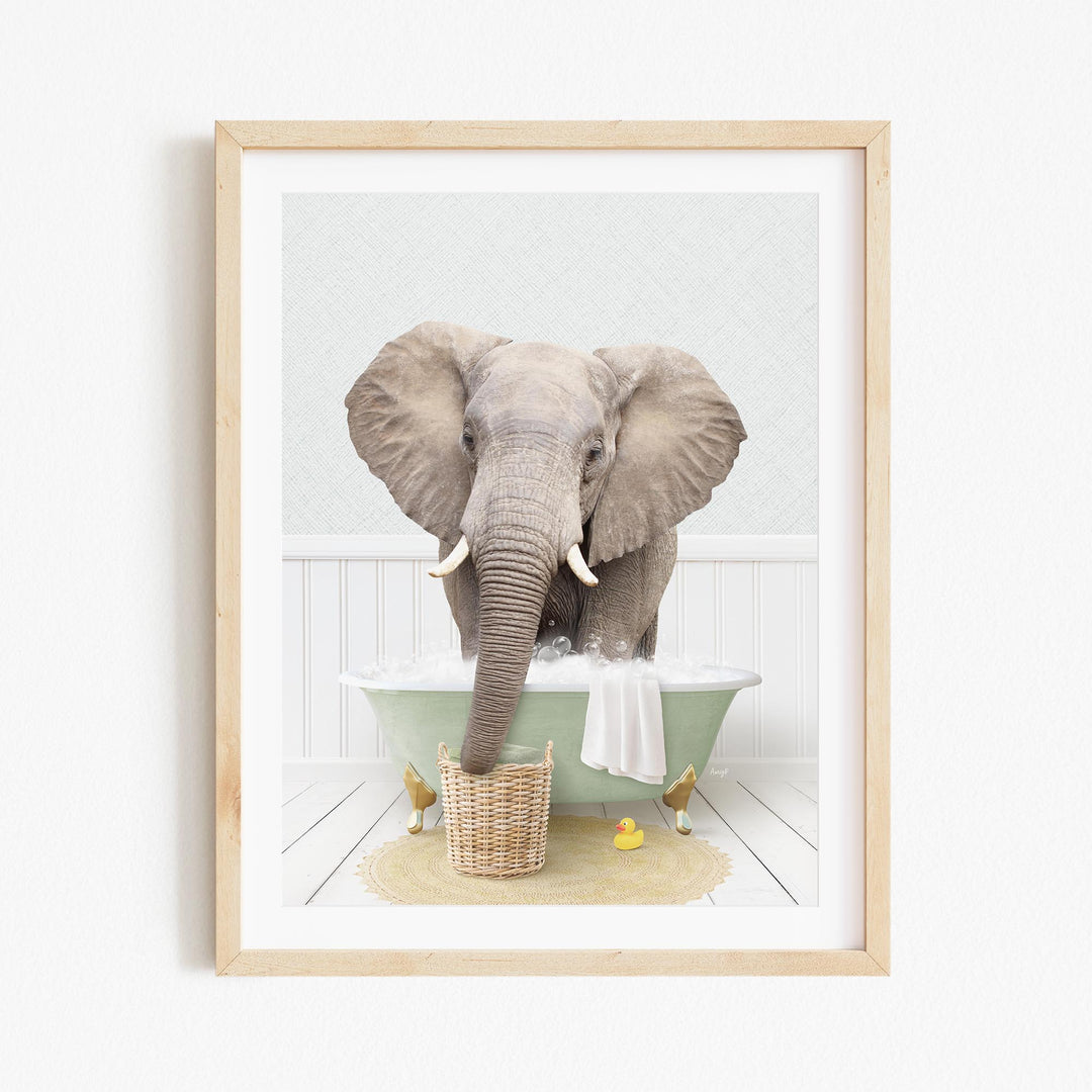 A gray elephant is sitting in a green bathtub filled with water, surrounded by rubber ducks.