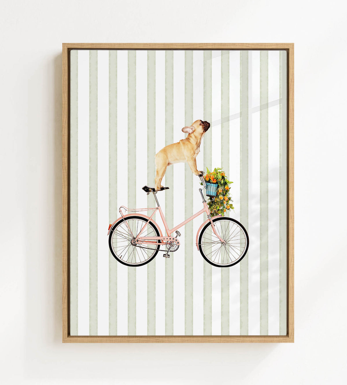 A dog is riding a pink bicycle with a basket of flowers, against a striped background.