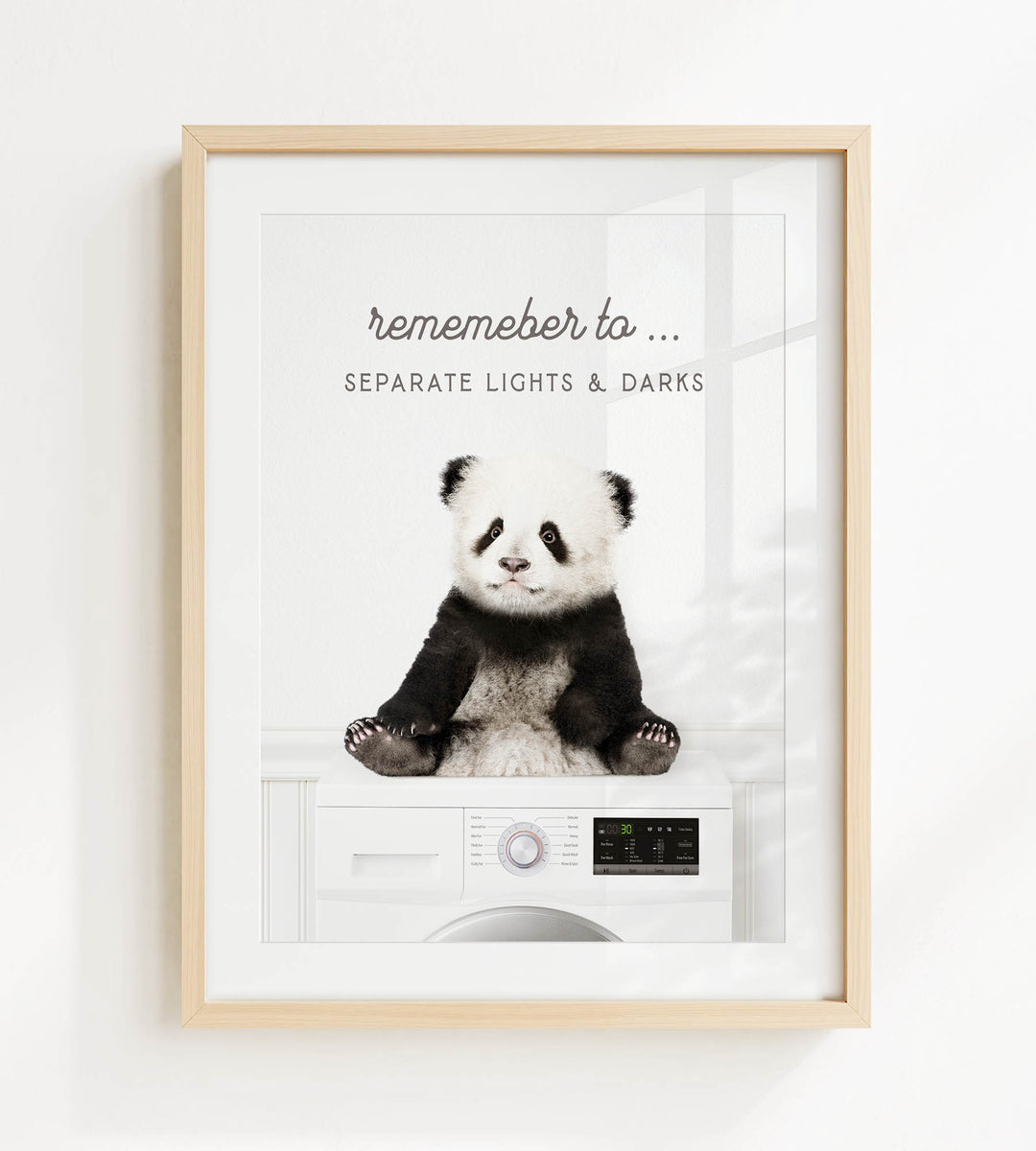A panda bear sitting on a washing machine, with the text "Remember to separate lights & darks" displayed above the image.