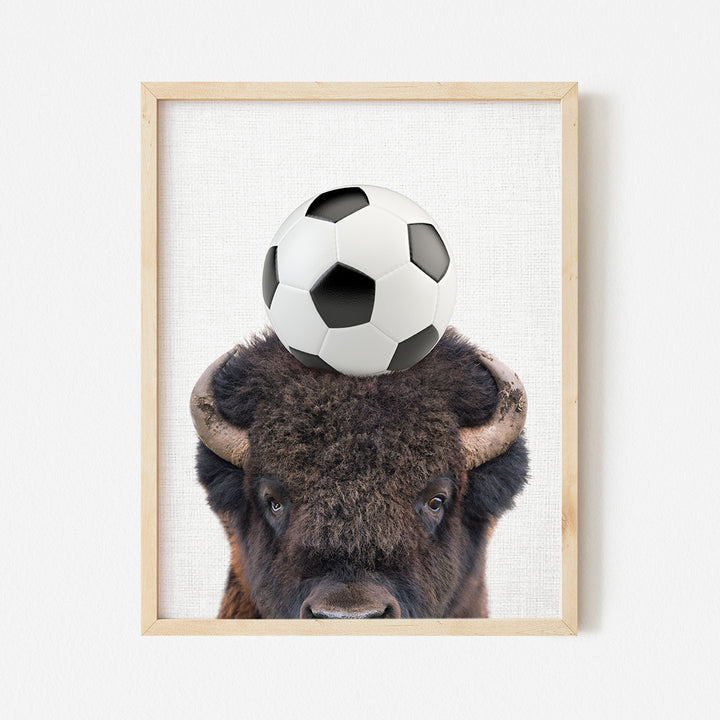 a bison with a soccer ball on its head