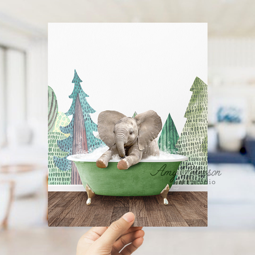 a person holding up a card with an elephant in a bathtub