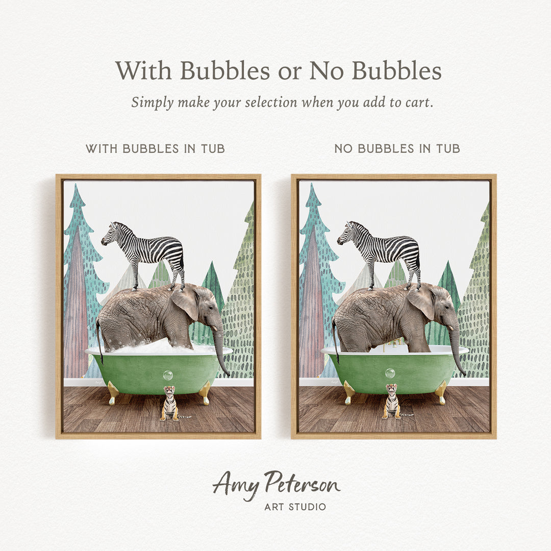 The image is a collage of two pictures, each featuring a zebra and an elephant in a bathtub. The zebra is standing on the elephant's back, and the elephant is standing on the zebra's back. The bathtub is green and has bubbles in it. The text above the images reads "With Bubbles or No Bubbles Simply make your selection when you add to cart."
