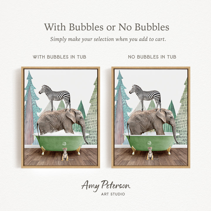 The image is a collage of two pictures, each featuring a zebra and an elephant in a bathtub. The zebra is standing on the elephant's back, and the elephant is standing on the zebra's back. The bathtub is green and has bubbles in it. The text above the images reads "With Bubbles or No Bubbles Simply make your selection when you add to cart."