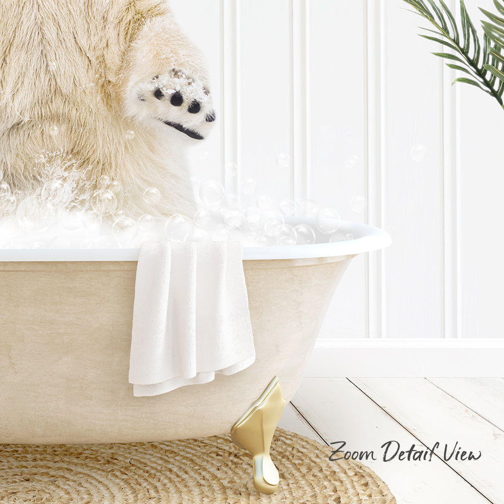 A polar bear is standing in a bathtub filled with bubbles, with a towel and a plant nearby.