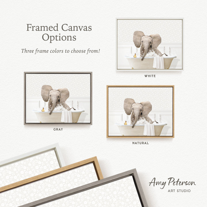 The image is a framed canvas with three different frame options for a picture of an elephant in a bathtub. The options include a gray frame, a natural frame, and a white frame.