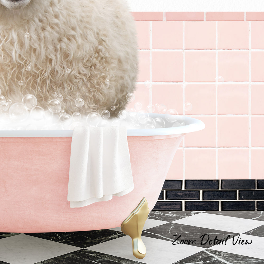 A fluffy white dog is sitting in a pink bathtub filled with bubbles, with a towel and gold bathtub faucet visible.