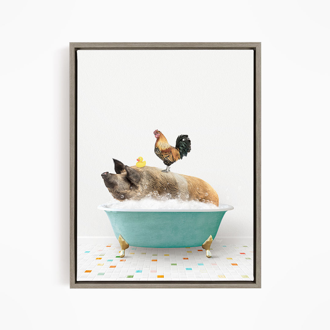 A pig is lying in a bathtub filled with water, surrounded by a rooster and a duck.