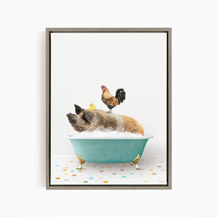 A pig is lying in a bathtub filled with water, surrounded by a rooster and a duck.