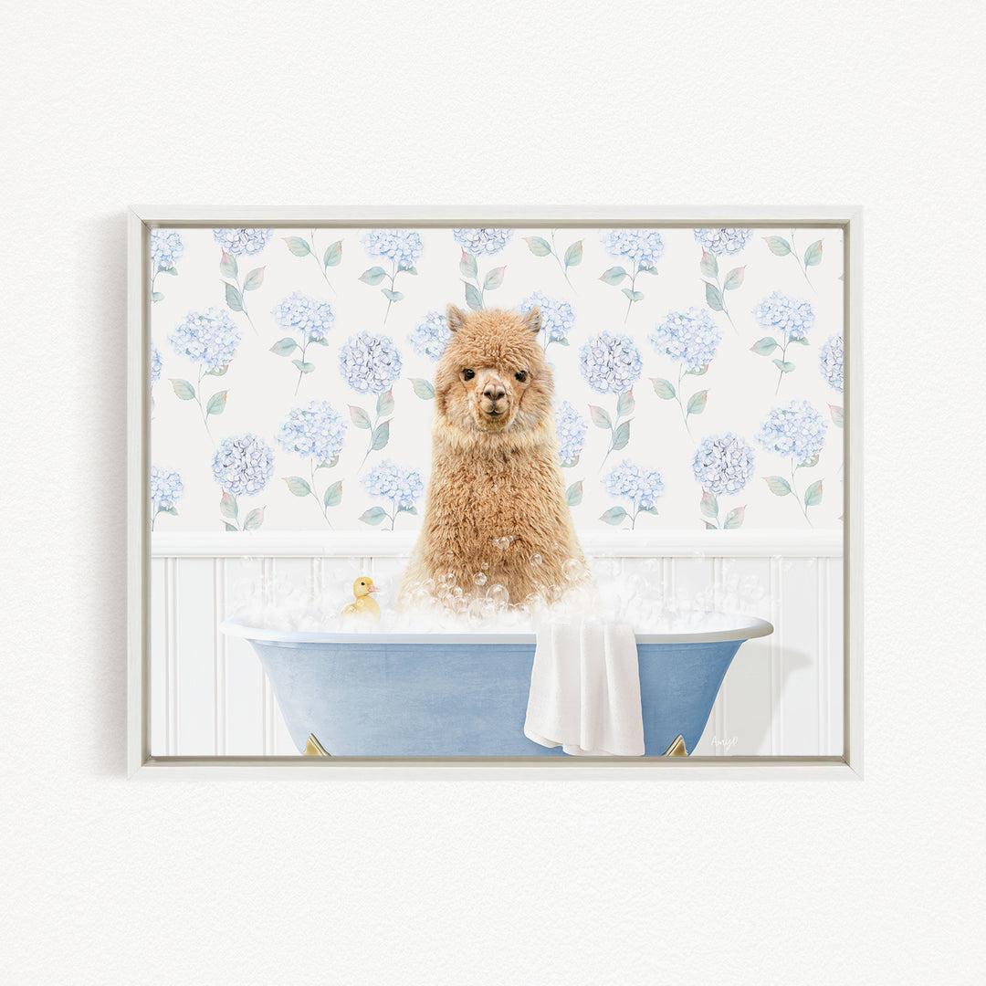 A fluffy brown dog sitting in a blue bathtub filled with bubbles, surrounded by a floral patterned wall.