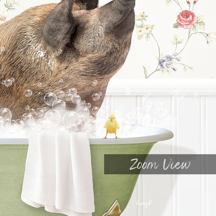 A pig is taking a bath in a green tub, with a small yellow chick standing on the edge of the tub, and a floral wallpaper in the background.
