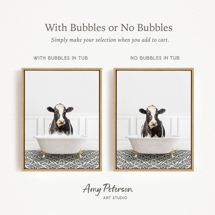 The image is a collage of two framed pictures, each depicting a cow sitting in a bathtub. The cow in the left picture has bubbles in the tub, while the cow in the right picture does not have bubbles. The collage is titled "With Bubbles or No Bubbles" and is created by Amy Peterson from Art Studio.