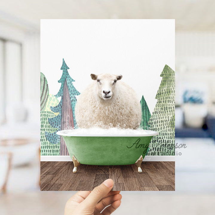 a sheep sitting in a green bath tub