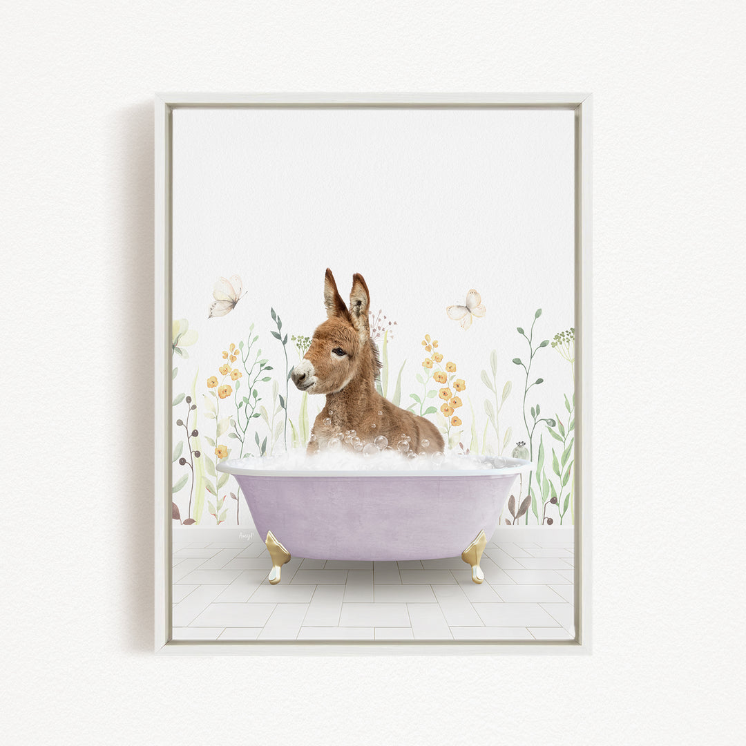 A donkey is sitting in a purple bathtub filled with bubbles, surrounded by flowers and butterflies.