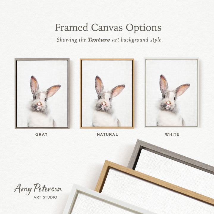 three framed canvas options, each with a different color and frame style, showcasing the texture art background style.