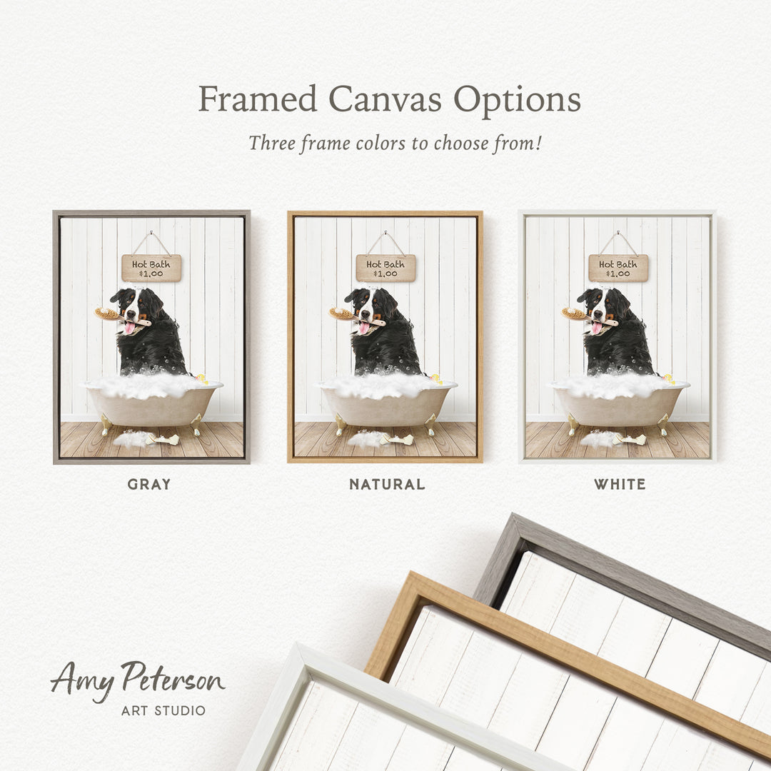 The image is a framed canvas option featuring three different colored frames, each containing a photograph of a dog sitting in a bathtub.