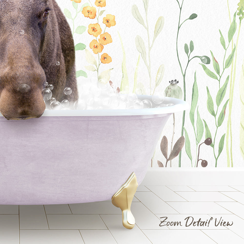A close-up of a dog's face peeking out from a pink bathtub filled with bubbles, with a floral wallpaper in the background.