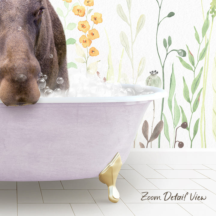 A close-up of a dog's face peeking out from a pink bathtub filled with bubbles, with a floral wallpaper in the background.