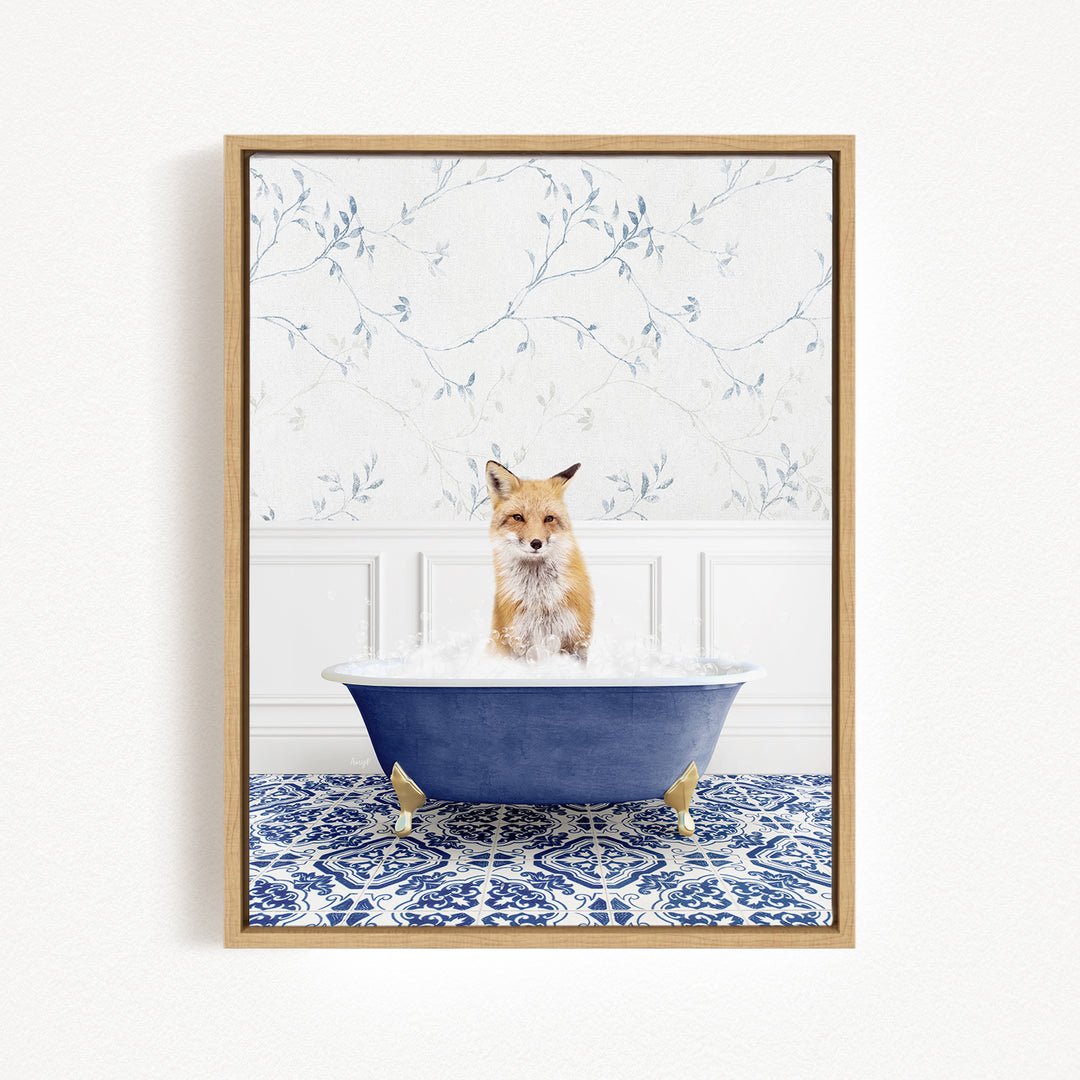 A fox is sitting in a blue bathtub filled with water, surrounded by a blue and white patterned tile floor.
