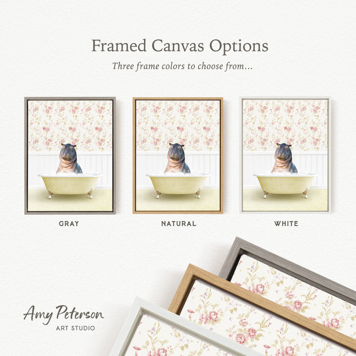 The image is a framed canvas option showcasing three different framed canvas options for a painting of a hippopotamus sitting in a bathtub.