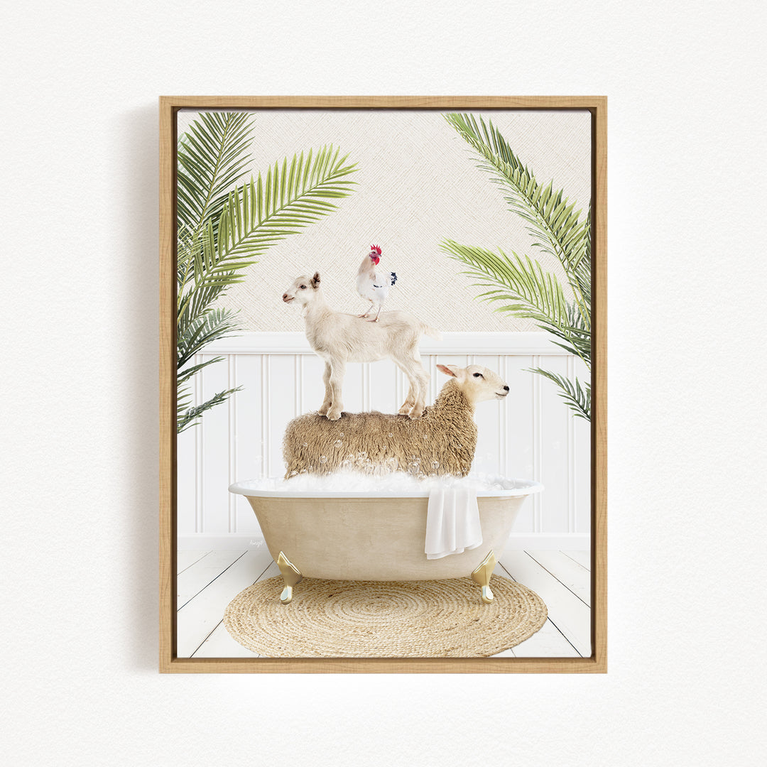 A framed image depicting a sheep standing on a bathtub, with a chicken perched on top, surrounded by palm leaves.