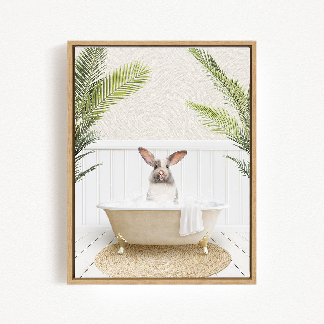 A white rabbit sitting in a bathtub filled with water, surrounded by green palm leaves, creating a whimsical and relaxing scene.