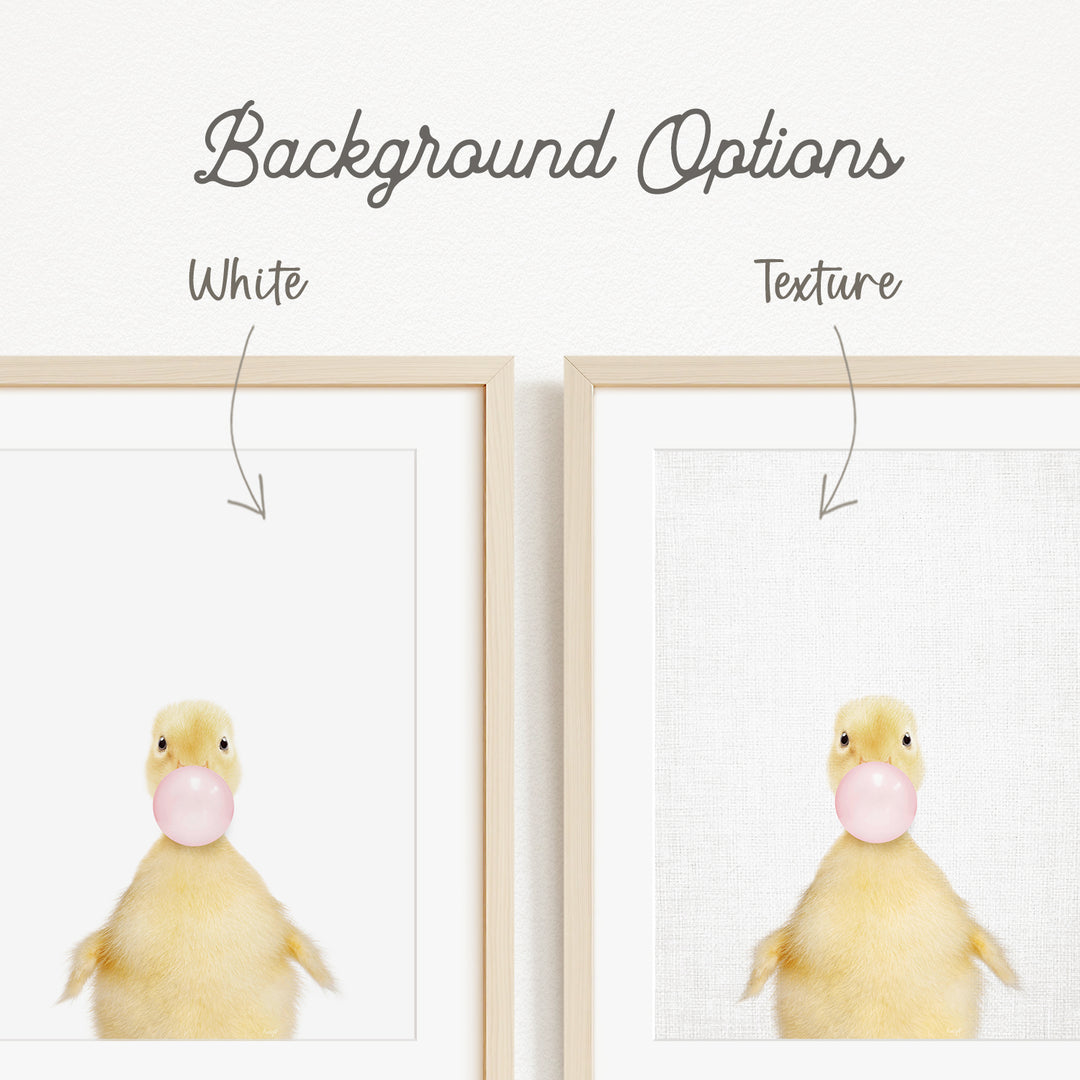 a cute yellow duck blowing a bubble with a pink bubble gum bubble.