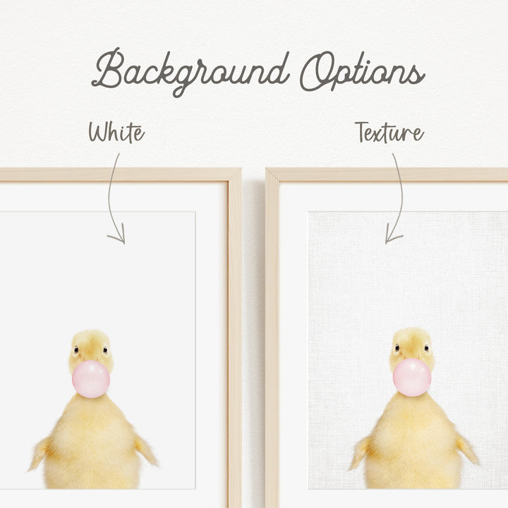 a cute yellow duck blowing a bubble with a pink bubble gum bubble.