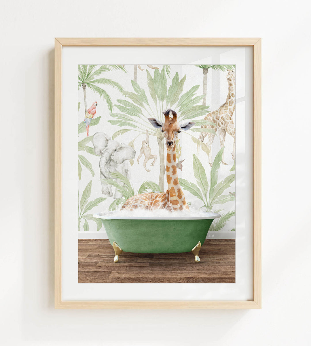A giraffe is sitting in a green bathtub, surrounded by a tropical jungle scene with palm trees, elephants, and other animals.