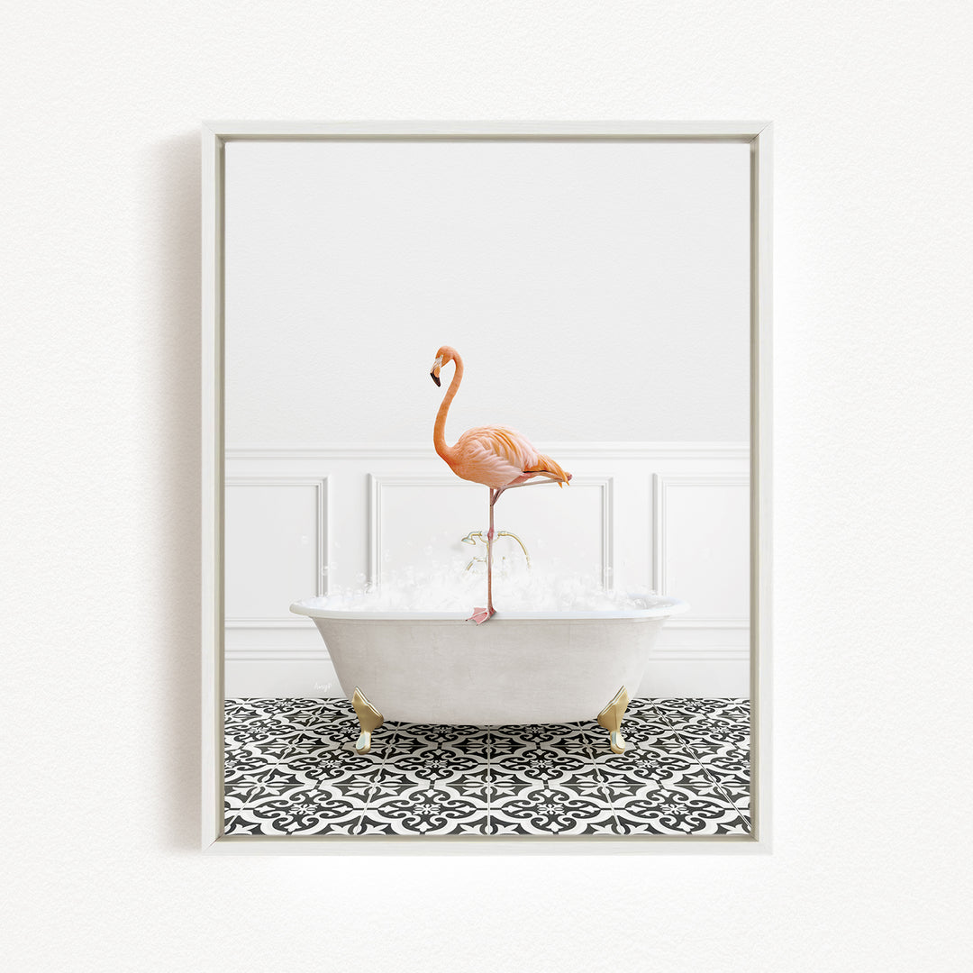 A pink flamingo standing on a white bathtub filled with water, set against a white wall with a black and white patterned floor.