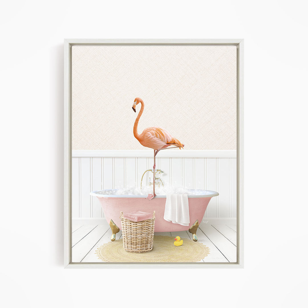 A pink bathtub filled with water and bubbles, with a pink flamingo standing on the edge of the tub.