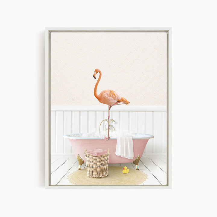 A pink bathtub filled with water and bubbles, with a pink flamingo standing on the edge of the tub.