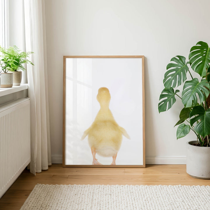 a large framed picture of a duck standing on a white background, placed on a wooden floor in a room with a window and potted plants.