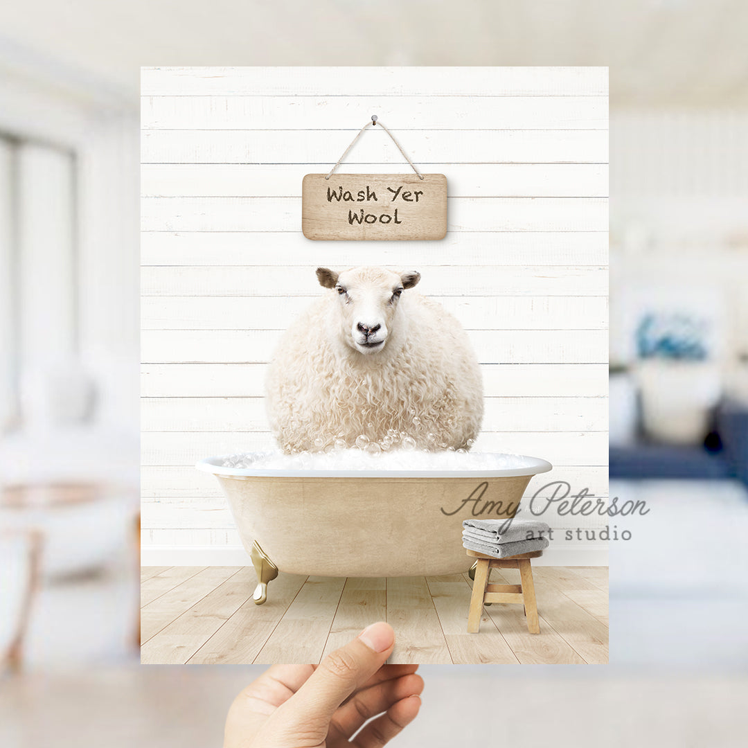 a hand holding a photo of a sheep in a bathtub