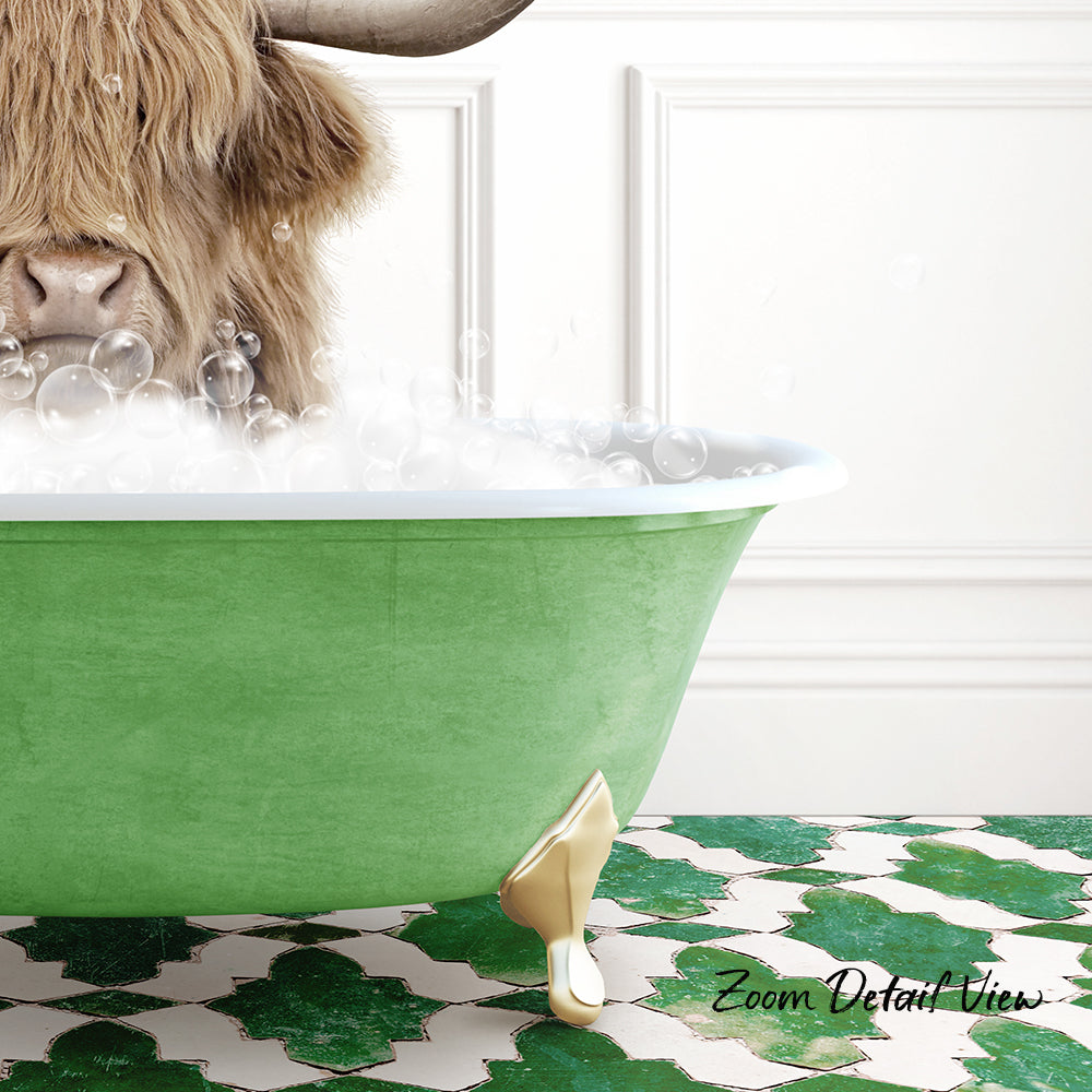 A large, furry animal, possibly a yak or a bison, is sitting in a green bathtub filled with bubbles, creating a whimsical and playful scene.