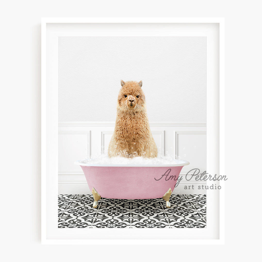 a brown dog sitting in a pink bath tub