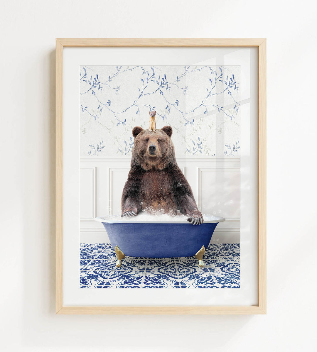 A brown bear sitting in a blue bathtub, surrounded by a patterned tile floor and a floral wallpaper background.