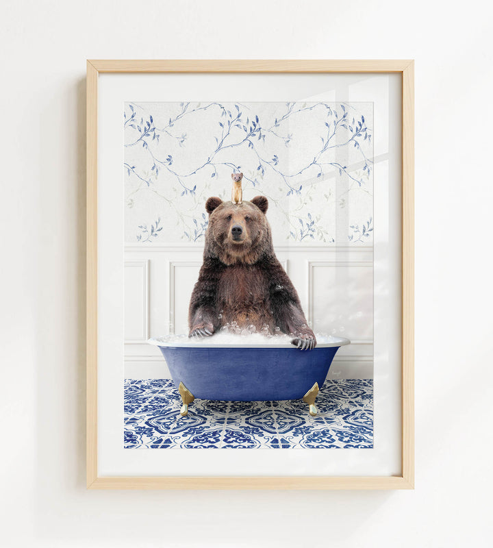 A brown bear sitting in a blue bathtub, surrounded by a patterned tile floor and a floral wallpaper background.