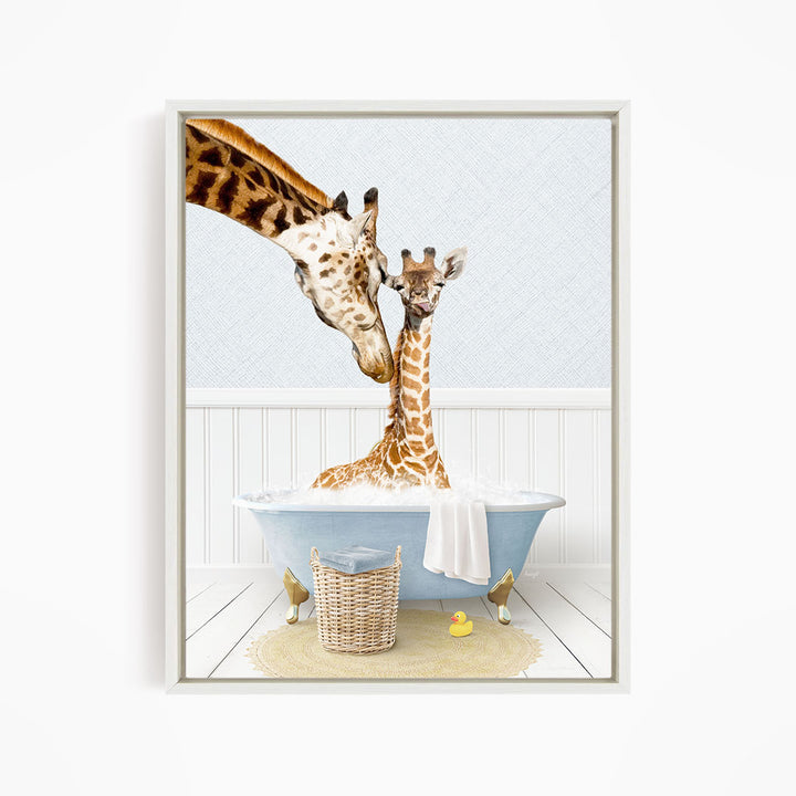 A mother giraffe and her baby giraffe enjoying a relaxing bath together in a blue bathtub, surrounded by a basket of toys and a yellow rubber duck.