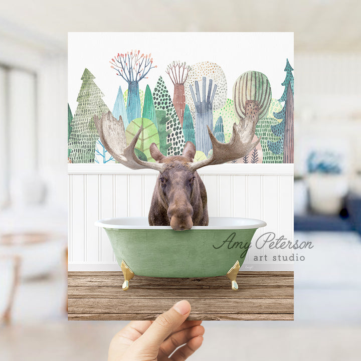 a moose sticking its head out of a bathtub