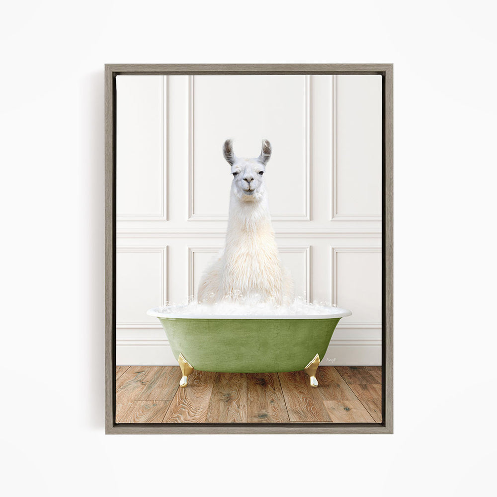 A white llama sitting in a green bathtub filled with bubbles, creating a whimsical and playful scene.